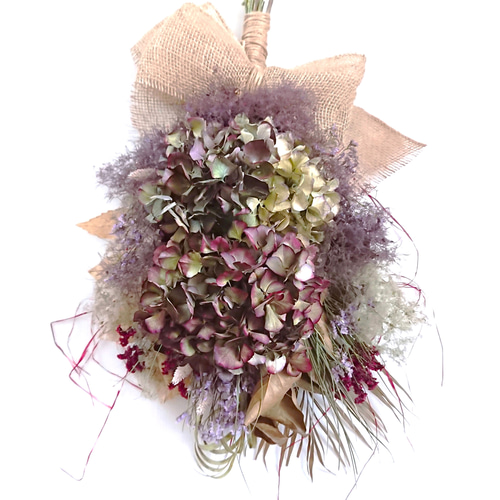 3.秋色紫陽花スワッグ 大きいサイズ』三色の秋色紫陽花とスモークツリーのアンティークで