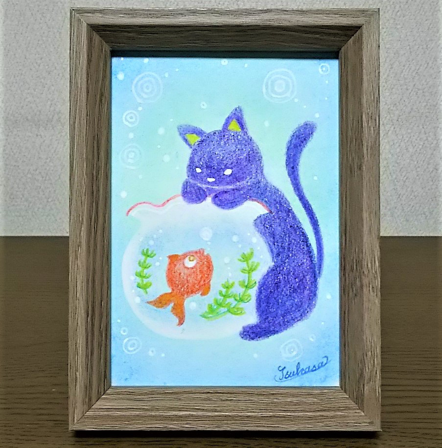 【原画】『雨上がりの空の下』（猫　絵画　パステル画　ハチドリ）