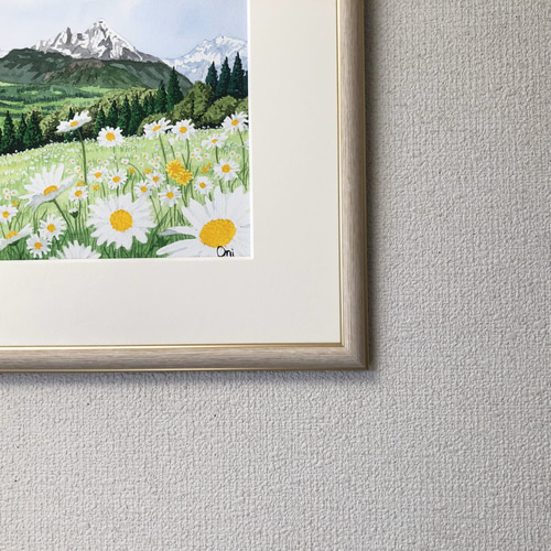 野花の咲く高原02」透明水彩画 原画 風景画 額縁付 F4サイズ 野花の咲く高原02」透明水彩画 原画 風景画 額縁付 F4サイズ