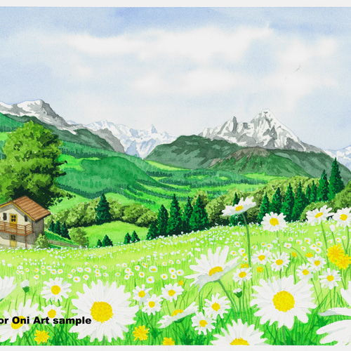 野花の咲く高原02」透明水彩画 原画 風景画 額縁付 F4サイズ 野花の咲く高原02」透明水彩画 原画 風景画 額縁付 F4サイズ