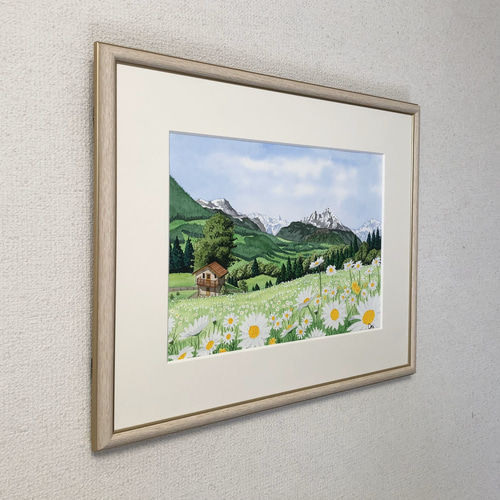 チューリップの咲く公園」透明水彩画 原画 風景画 額縁付 F4