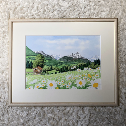 野花の咲く高原02」透明水彩画 原画 風景画 額縁付 F4サイズ 野花の咲く高原02」透明水彩画 原画 風景画 額縁付 F4サイズ