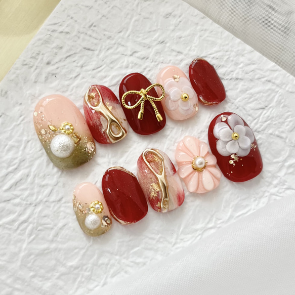 78【サイズオーダー】ネイルチップ 成人式 前撮り 振袖 和柄 フラワー