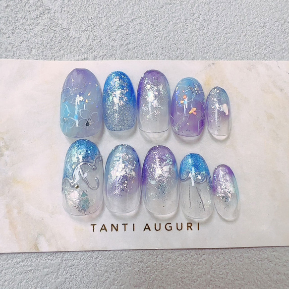 紫陽花 ネイルチップ 傘 梅雨 あじさい 花柄 水色系 紫 選べるサイズ