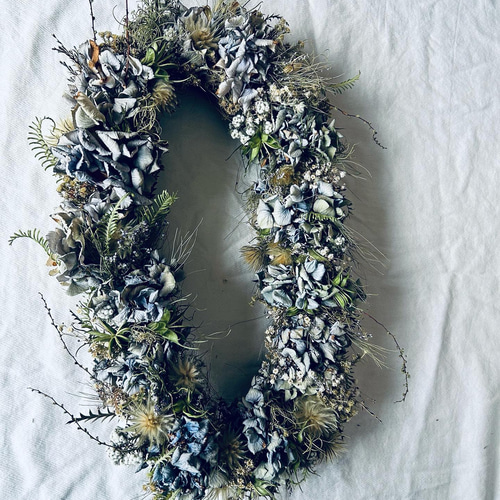 送料無料 ふわふわフィリカとくすみブルー紫陽花のおしゃれなオーバル  