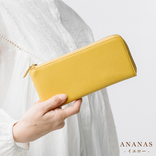 イタリアンレザー 薄型 L字ファスナー スリム 長財布 イエロー【送料  