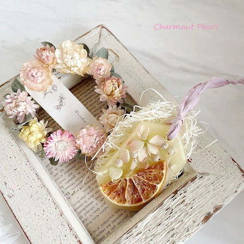 ﾄﾞﾗｲﾌﾗﾜｰミニリースとアロマワックスサシェのセット・・ドライフラワー  