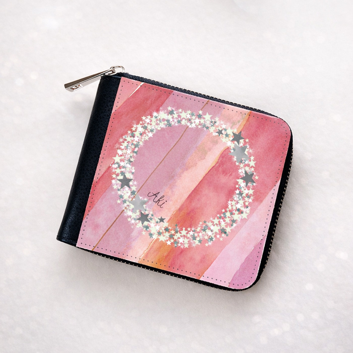 【名入れ可】二つ折り財布　星　ピンク