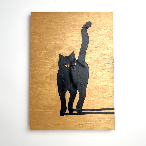 レザーのコラージュアート（クロネコ） 黒猫 A4サイズ 木製