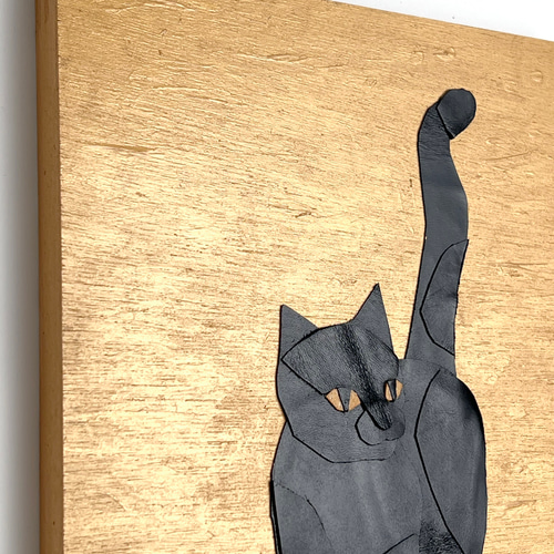 レザーのコラージュアート（クロネコ） 黒猫 A4サイズ 木製