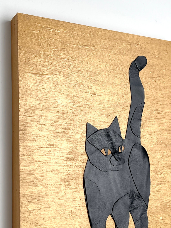 レザーのコラージュアート（クロネコ） 黒猫 A4サイズ 木製パネル 4枚目の画像