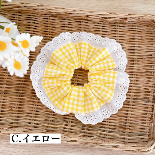 ハンドメイド♡♡ファーバンスクリップ♡♡Fancyギンガムチェックイエロー ハンドメイド♡♡ファーバンスクリップ♡♡Fancyギンガム