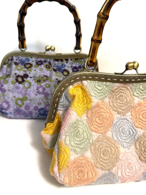Ｉ刺繍シリーズ  pjc 「スクエア小花」紫色　バンブーバッグ  和装にも… 7枚目の画像