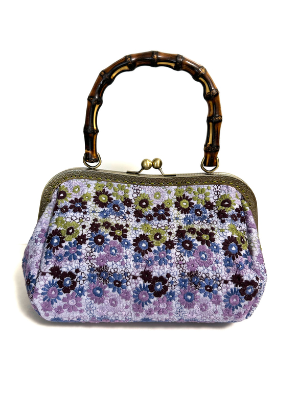 Ｉ刺繍シリーズ  pjc 「スクエア小花」紫色　バンブーバッグ  和装にも… 1枚目の画像