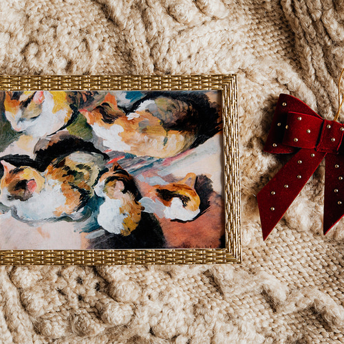 NO.454】三毛猫の絵画アートポスター☆油絵抽象画ネコ可愛いリラックス