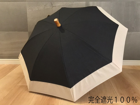 CLASSICO 完全遮光 100% 日傘　麻　リネン　二重張り 黒×ベージュ　バンブーハンドル 1枚目の画像