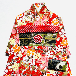 着物のポチ袋564 QUOカードサイズ　赤地　桜　流水 2枚目の画像
