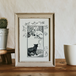 【NO.455】猫と鳥モノクロイラストアートポスター☆白猫黒猫メルヘンモダン絵本ネコ可愛いリラックス癒しA5A4A3A2 5枚目の画像
