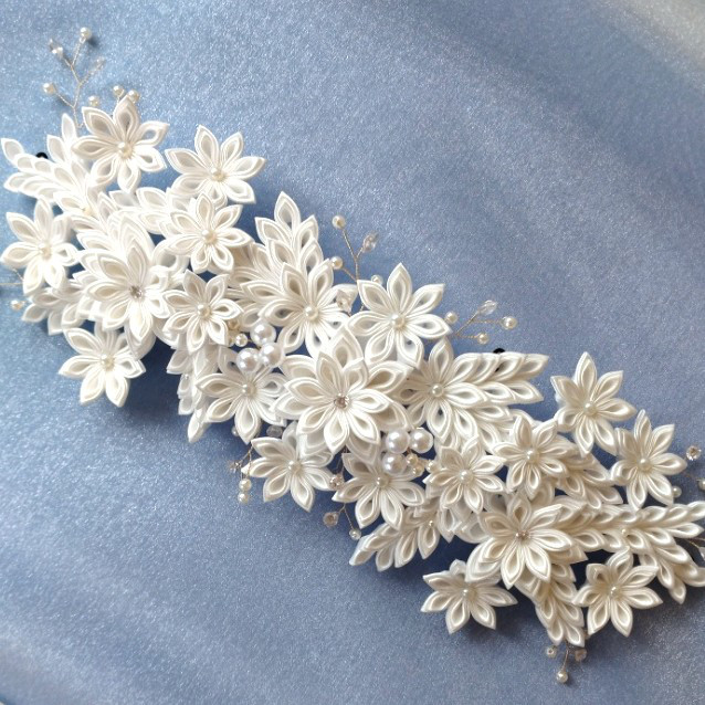 ボンネ・ヘッドドレス【つまみ細工】こだわりロングボンネ　ウエディングに！