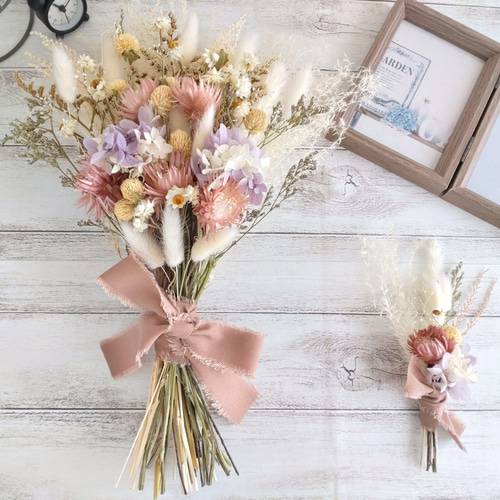 【masa】ブーケ2点 クラッチブーケ スワッグ＊ブートニア付 小さめ~シルバーデージー 小花