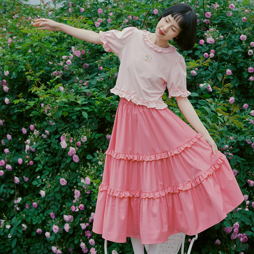 ラズベリーピンクのレトロローズガール菌レーススカート Aライン