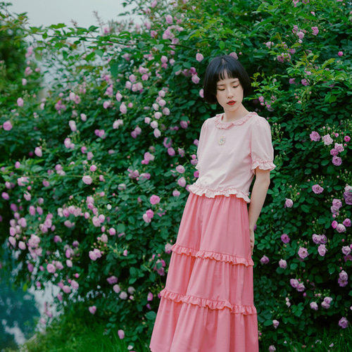 ラズベリーピンクのレトロローズガール菌レーススカート Aライン