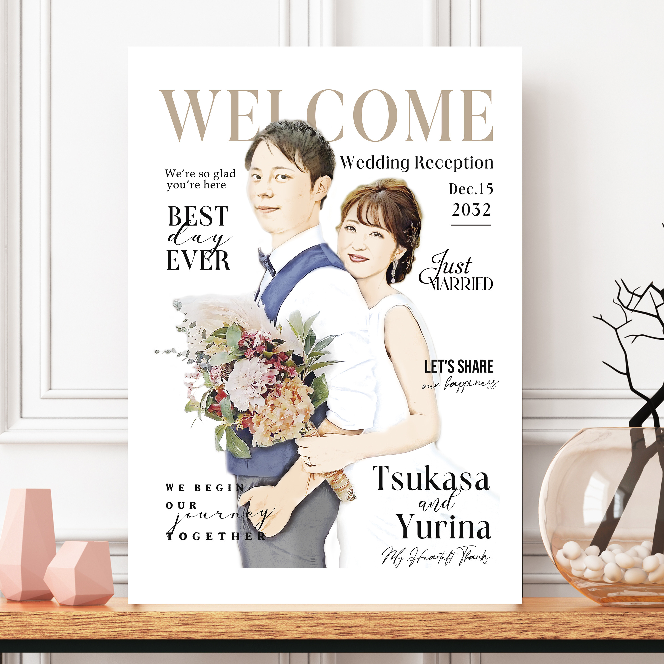 ファッション雑誌の表紙のような 綺麗め・カッコイイ 似顔絵 ウェルカムボード イラスト 水彩