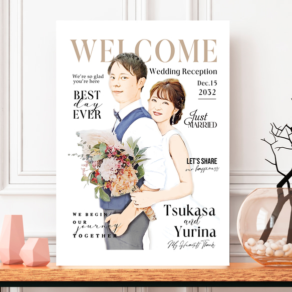 ファッション雑誌の表紙のような 綺麗め・カッコイイ 似顔絵 ウェルカムボード イラスト 水彩 1枚目の画像