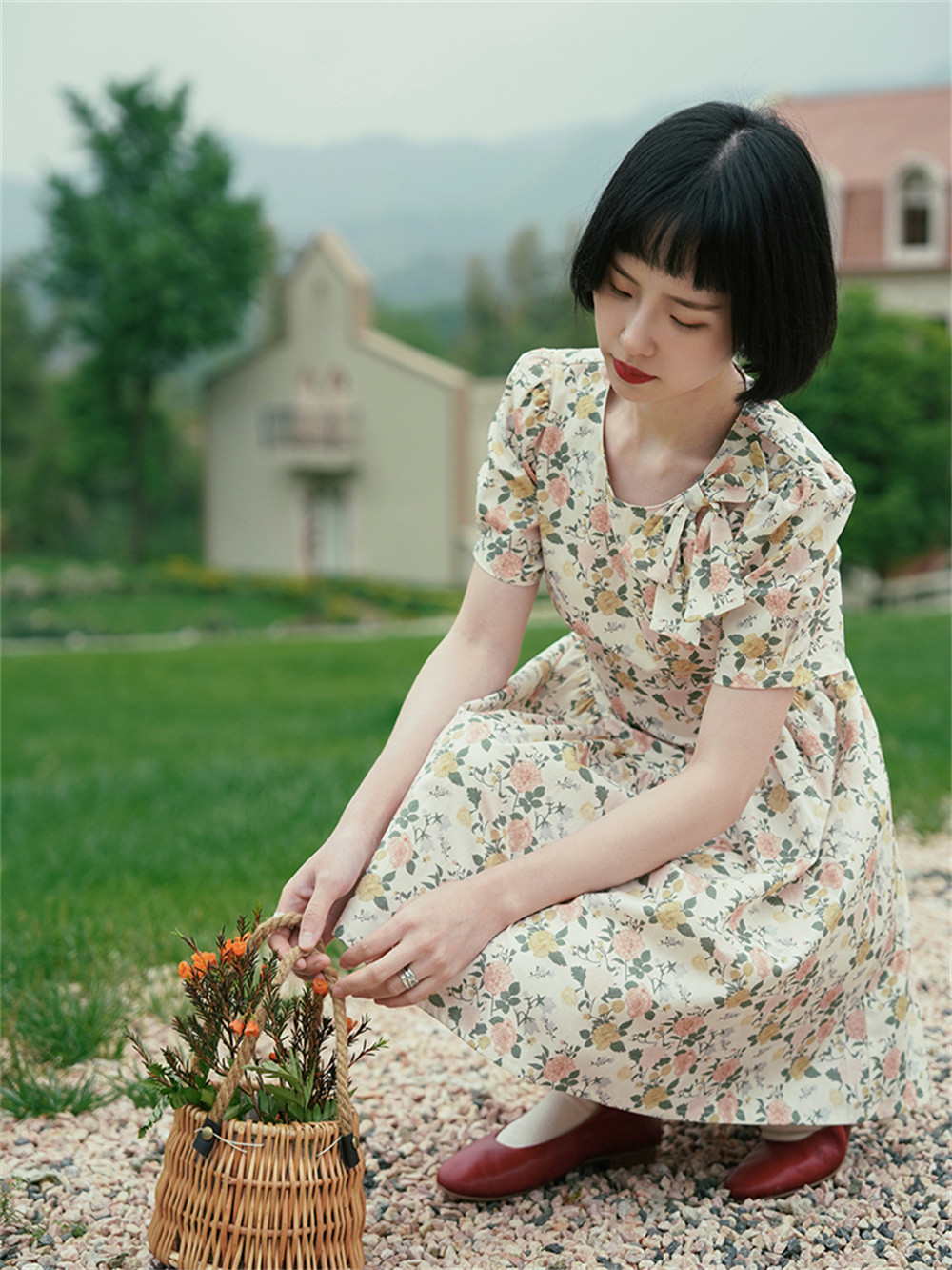 レトロ花柄昭和フラワーフレンチレトロガールちょう結びドレス花柄