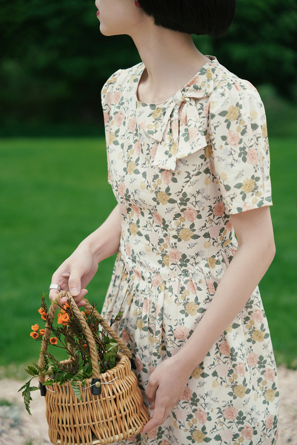 復古碎花 昭和花花法式復古少女蝴蝶結洋裝 碎花連身裙夏季短裙 第17張的照片