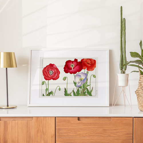 NO.457】ポピーの花の日本画絵画アートポスター☆赤色和室インテリア和