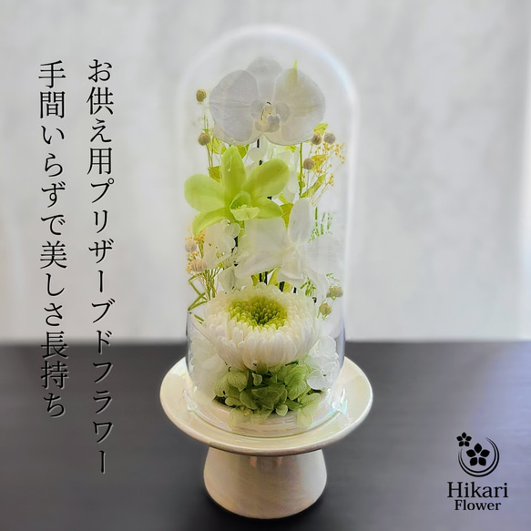 【送料無料】爽やかグリーンのガラスドーム仏花（大） 1枚目の画像