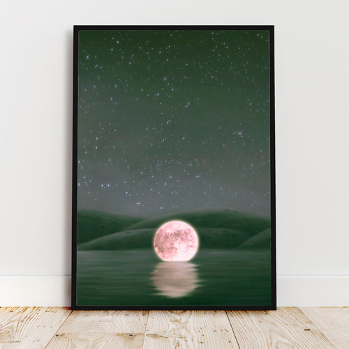 絵画　月 月を見上げる猫 A4 猫 夜空 星 月 アート インテリア 絵画