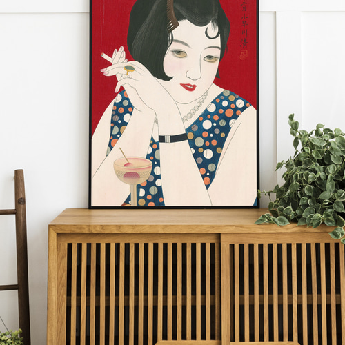 アートポスター：８５六方石（ろっぽうせき）とボタン NO.36】ほろ酔いモダンガールアートポスター☆おしゃれ大正ロマン昭和