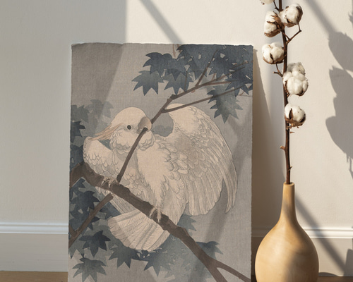 NO.49】白いオウム日本画アートポスター☆鳥絵画和室インテリア和