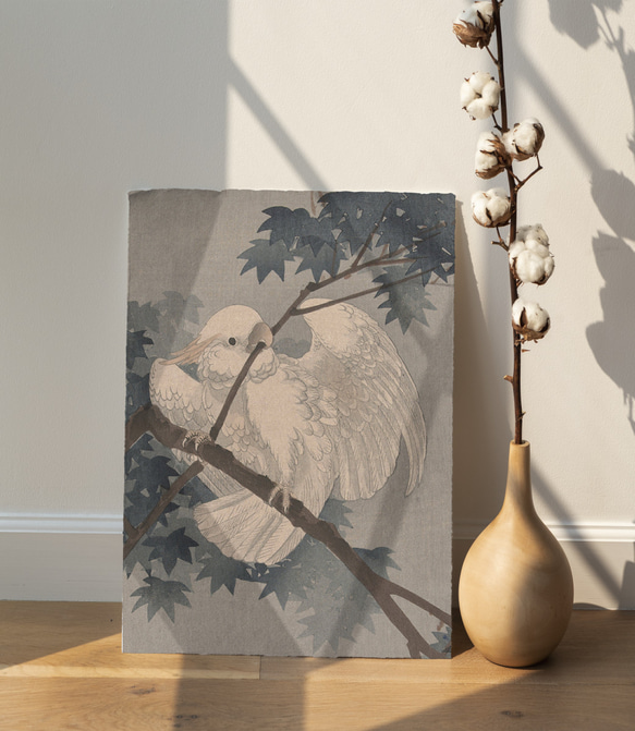 NO.49】白いオウム日本画アートポスター☆鳥絵画和室インテリア和