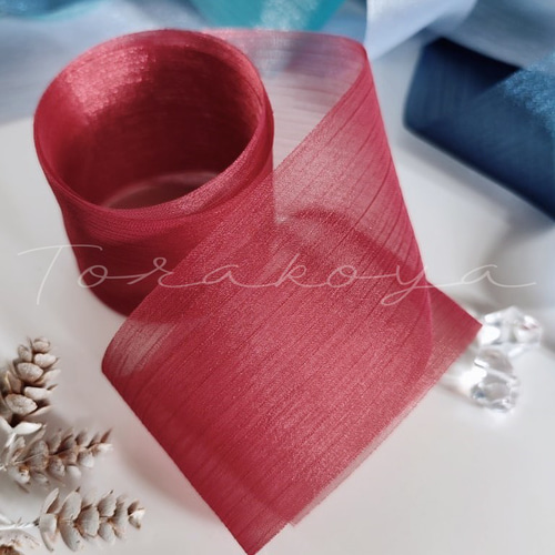 長さ：3M／幅60mm 〉リボン オーガンジー ボイル ラメ糸 ワインレッド  