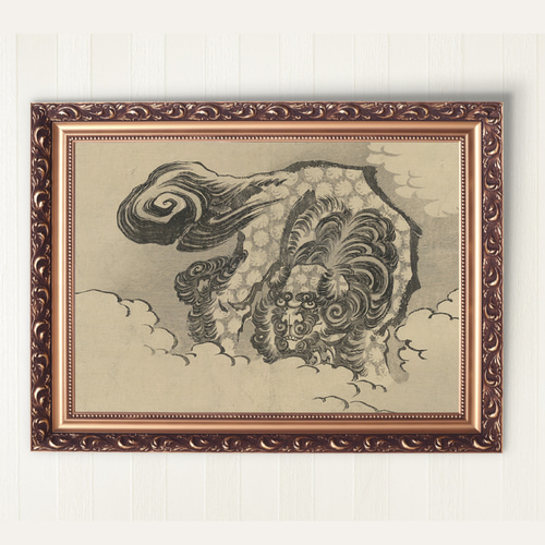 NO.137】唐獅子図日本画アートポスター☆ヴィンテージ和柄水墨画和