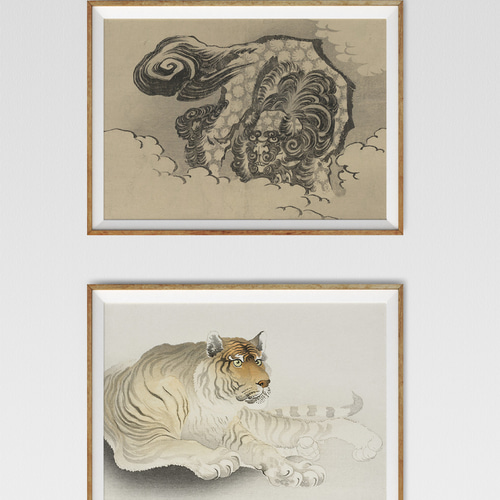NO.137】唐獅子図日本画アートポスター☆ヴィンテージ和柄水墨画和