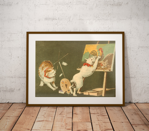 【NO.179】猫と鶏の日本画アートポスター☆浮世絵和室インテリア玄関リビング和モダンアニマル☆A5A4A3A2A1B5 5枚目の画像
