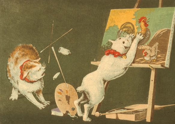【NO.179】猫と鶏の日本画アートポスター☆浮世絵和室インテリア玄関リビング和モダンアニマル☆A5A4A3A2A1B5 2枚目の画像