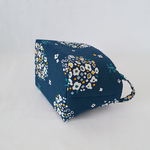 布バスケット 小物入れ 収納ケース 北欧 フラワーブーケ柄 ネイビー  