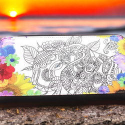 幸運の白ガネーシャの長財布　アジアンレディース縁起物　レザー大容量　ボタニカル花柄 1枚目の画像