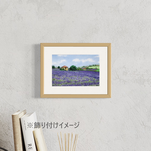 ラベンダー畑06」透明水彩画 原画 風景画 額縁付 SMサイズ 絵画