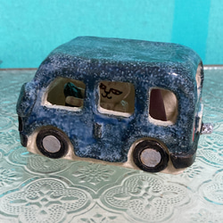 陶器雑貨　ねこ運転手の車型お香立て　クラシックハイエース型　ネイビー 4枚目の画像