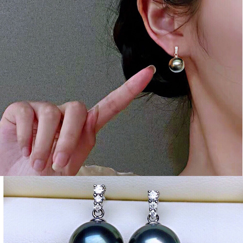 高級】タヒチ黒蝶真珠 ダイヤモンド付きピアスk18 ピアス（スタッド  