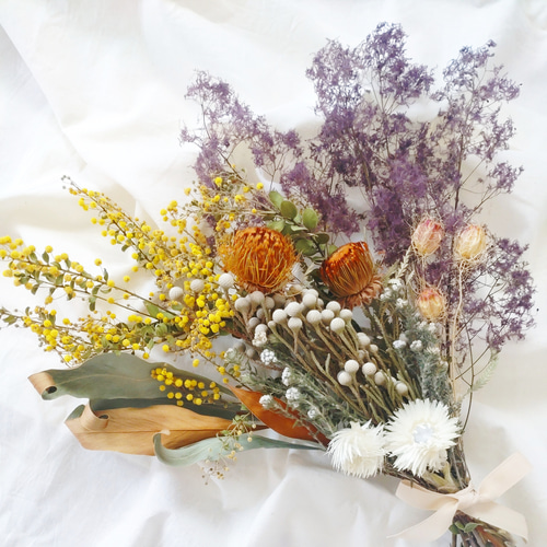 ドライフラワー　ミモザとスモークツリーと紫陽花のアンティークスワッグ　713