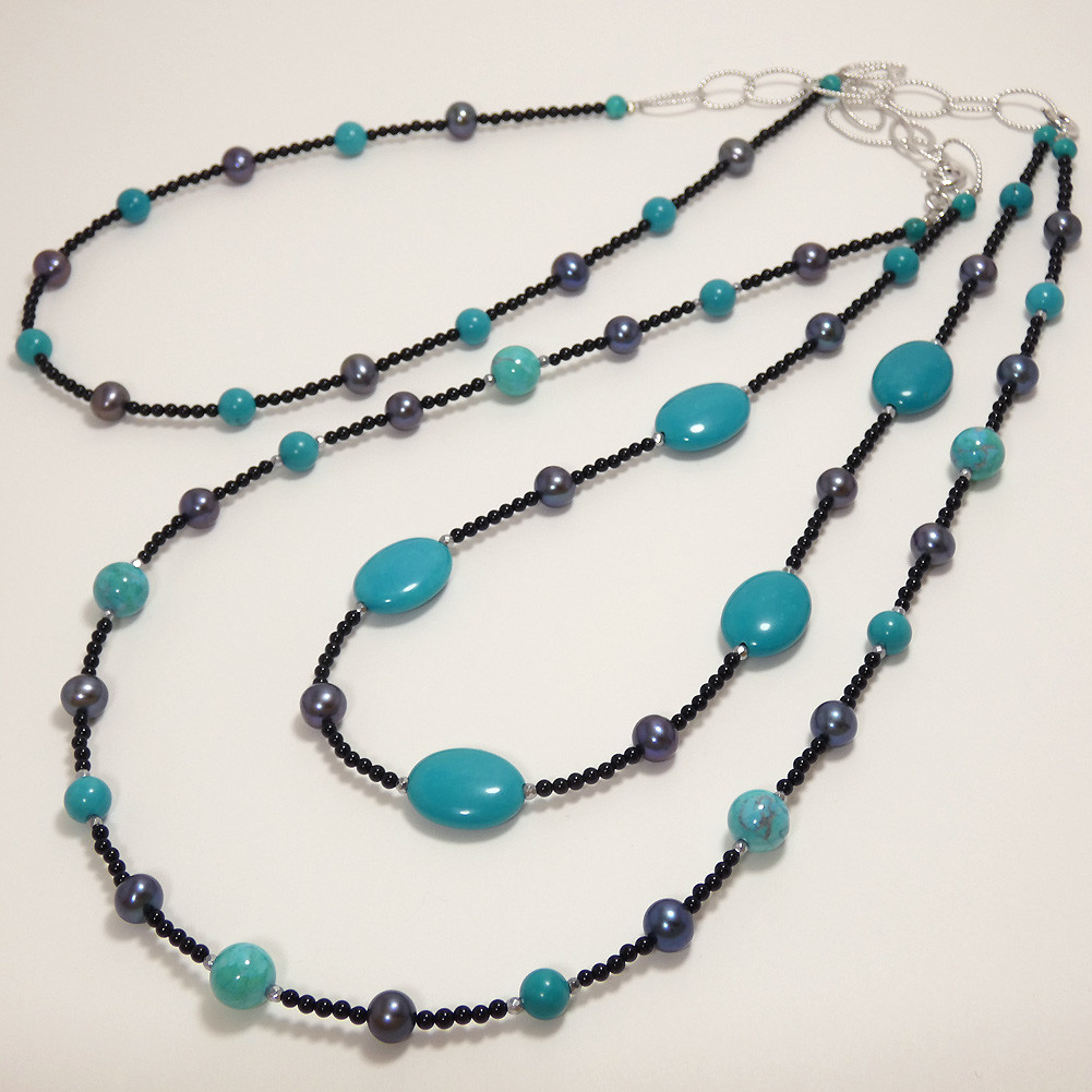 ロングネックレス ショートタイプ2本 ターコイズ/ブラックパール/オニキス