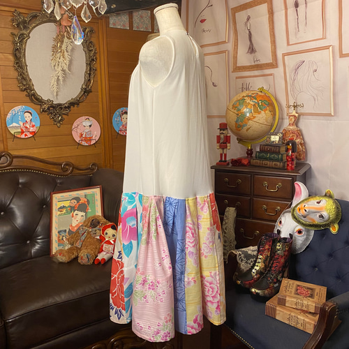 和洋折衷 レトロ古着 浴衣 リメイク 和 切り替え ロングワンピース 白