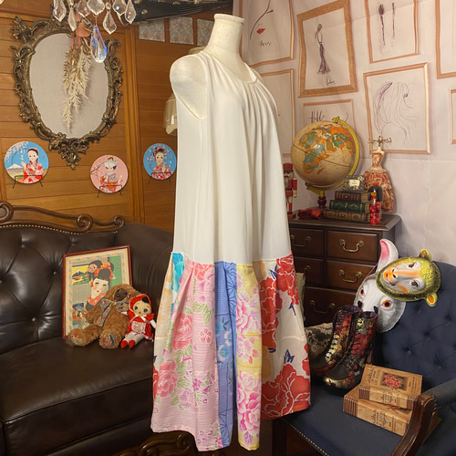 古着 ビンテージ 和洋折衷 リメイク ロング ワンピース 美品 和洋折衷 着物 リメイク ロング 丈 ワンピース ドレス 洗える